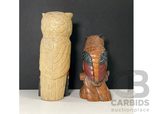 Pair of Large Wooden Decorative Owls