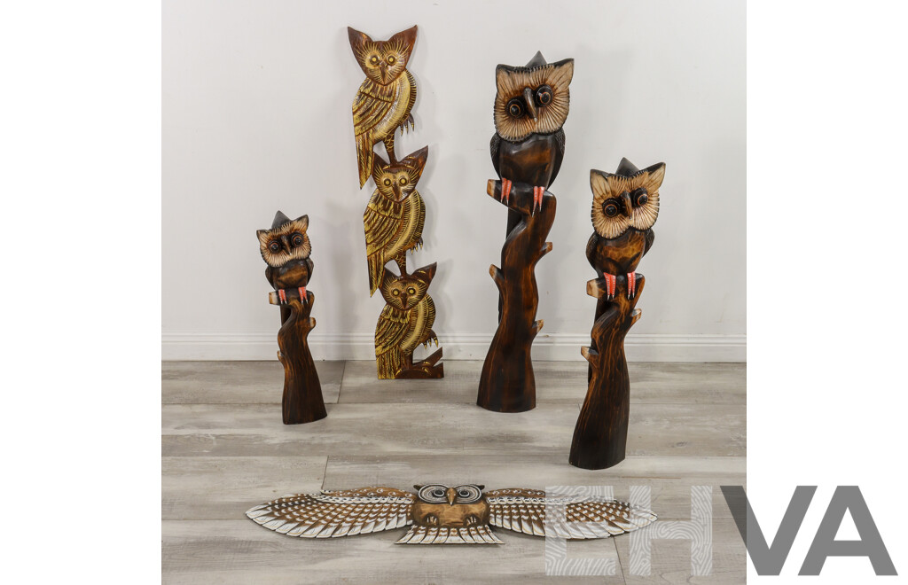 Five Large Carved Timber Owl Sculptures and Hangers