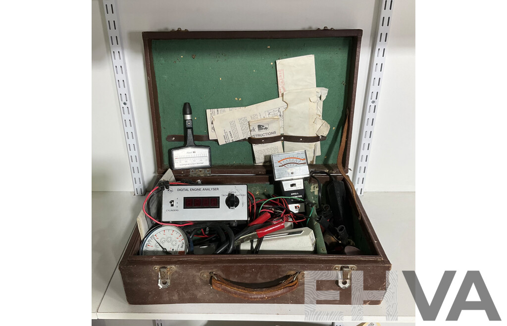 Vintage Automotive Analysis and Tuning Equipment Including Dwell/Tacho/volt Meter, Hawk Compression Tester and Vacuum Gauge, Timing Gun and Bung Hose Plugs