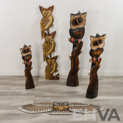 Five Large Carved Timber Owl Sculptures and Hangers