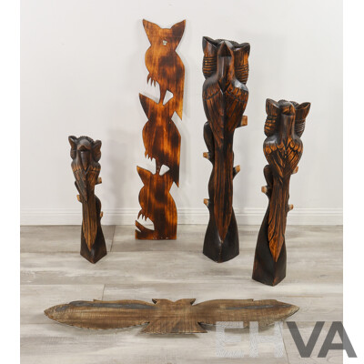 Five Large Carved Timber Owl Sculptures and Hangers