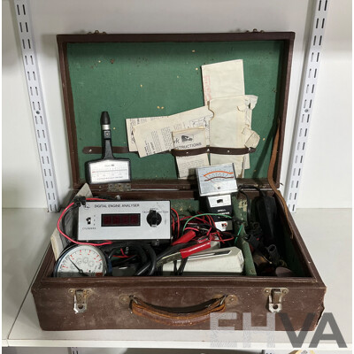 Vintage Automotive Analysis and Tuning Equipment Including Dwell/Tacho/volt Meter, Hawk Compression Tester and Vacuum Gauge, Timing Gun and Bung Hose Plugs