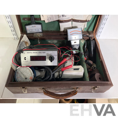 Vintage Automotive Analysis and Tuning Equipment Including Dwell/Tacho/volt Meter, Hawk Compression Tester and Vacuum Gauge, Timing Gun and Bung Hose Plugs
