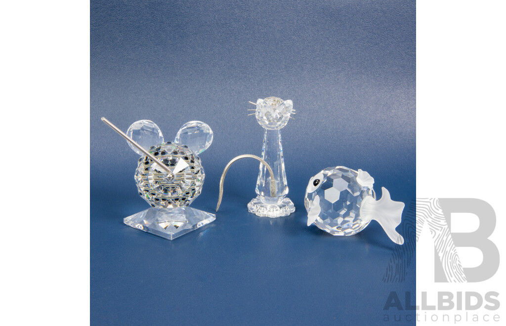 Collection of Three Swarovski Animal Figures Including a Standing Cat, a Mouse and a Goldfish