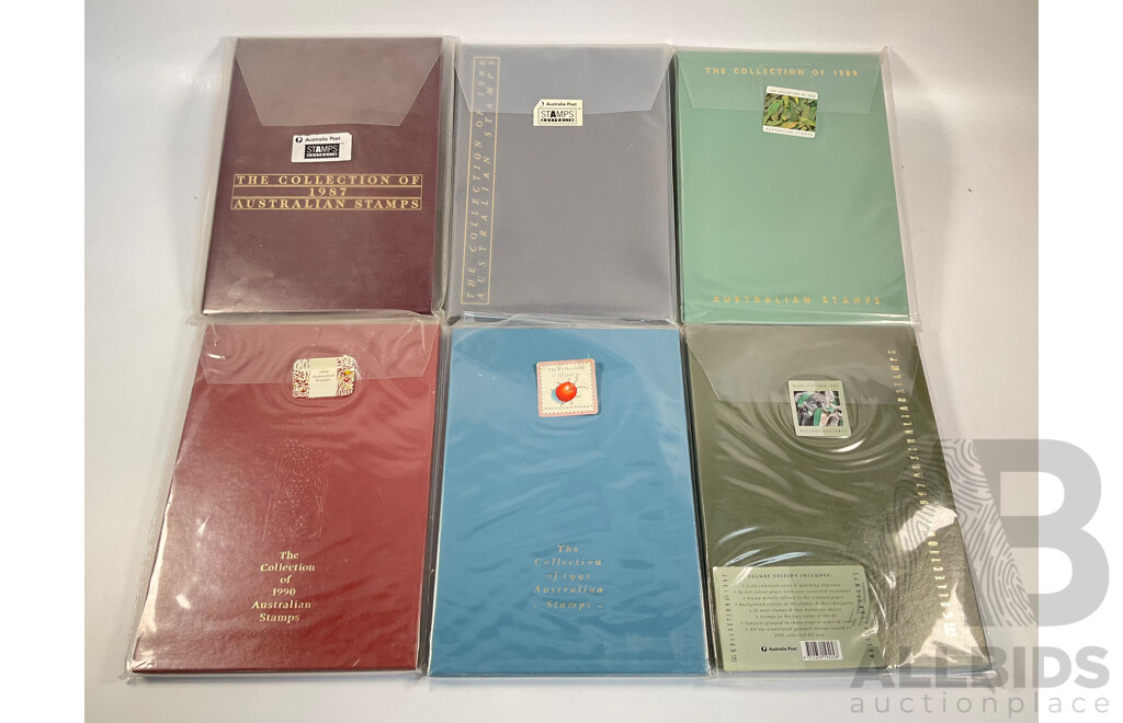 Six Australian Mint Annual Stamp Albums Including 1987, 1988, 1989, 1990, 1991, 1992 - Face Value $217