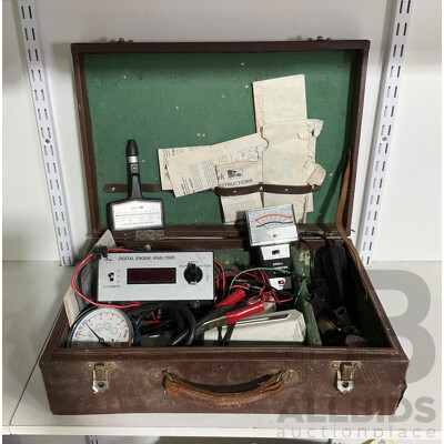 Vintage Automotive Analysis and Tuning Equipment Including Dwell/Tacho/volt Meter, Hawk Compression Tester and Vacuum Gauge, Timing Gun and Bung Hose Plugs