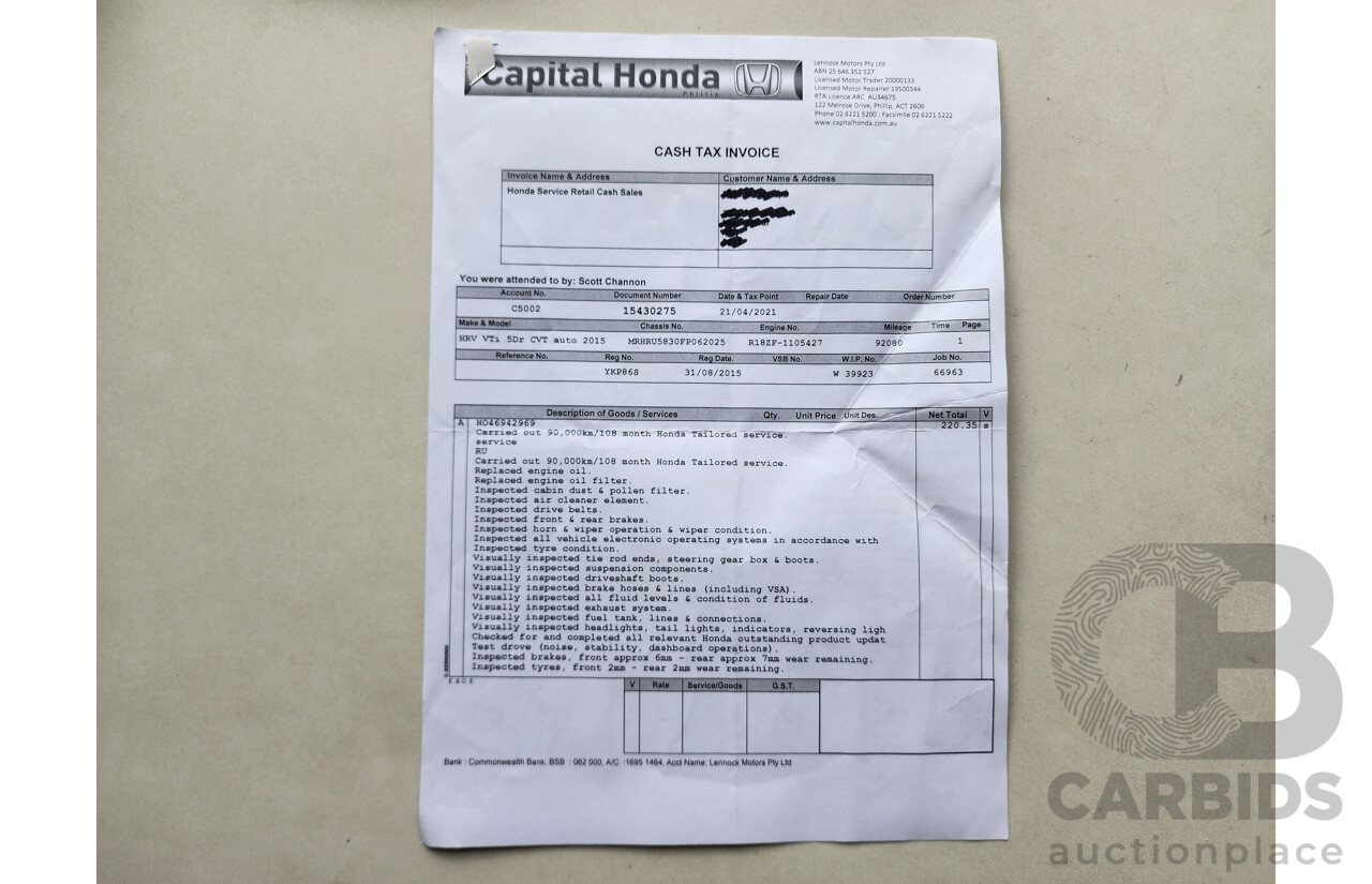 5/2015 Honda Hr-V VTi  4d Wagon White 1.8L