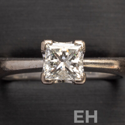 18ct White Gold Solitaire Natural Princess Cut Engagement Ring, Size L.5. Total Weight - 4.12gms