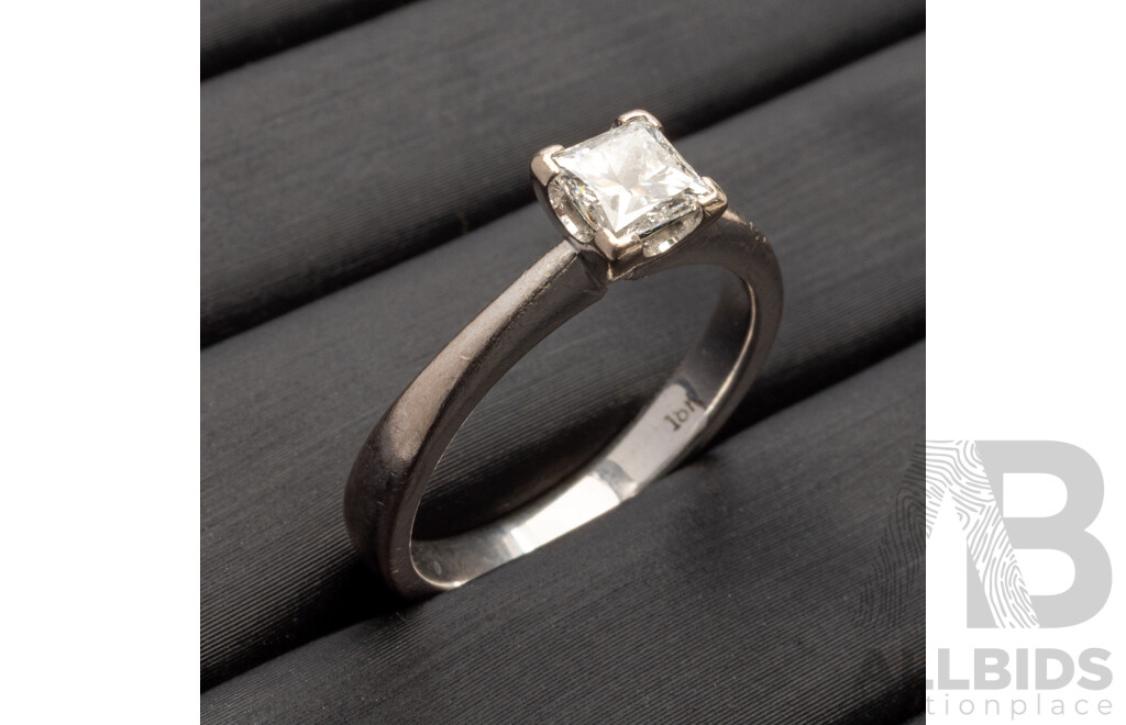 18ct White Gold Solitaire Natural Princess Cut Engagement Ring, Size L.5. Total Weight - 4.12gms