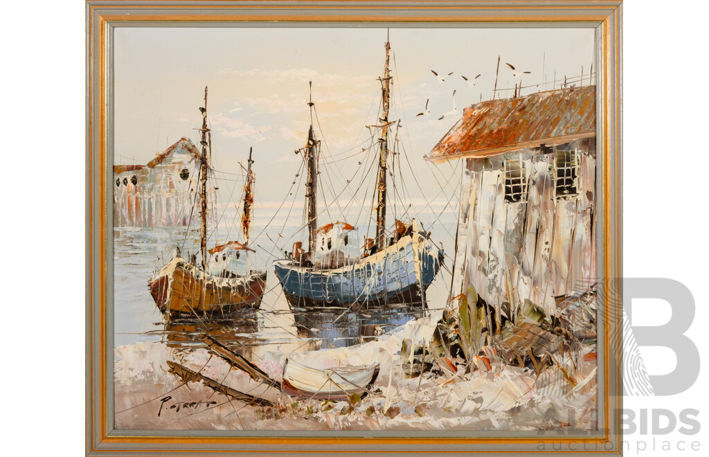 Paolo Stirrat (20th Century, Sardinian), Boats Moored in Harbour, Wonderful Original Oil on Canvas Cloth Backed on Board, 57 x 67 cm (frame)
