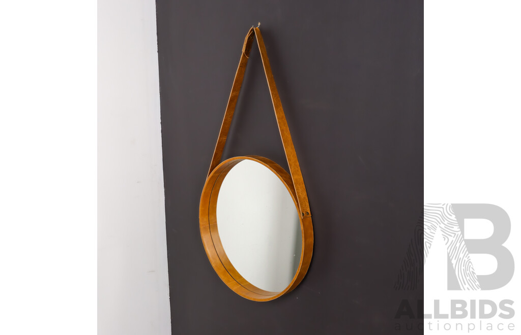 Modern Round Leather Bound Mirror
