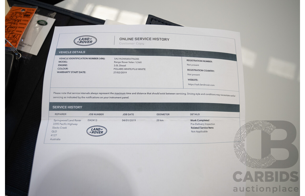 12/2018 Range Rover Velar D300 R-Dynamic S (AWD)  MY18 4D Wagon Fuji White Turbo Diesel 3.0L