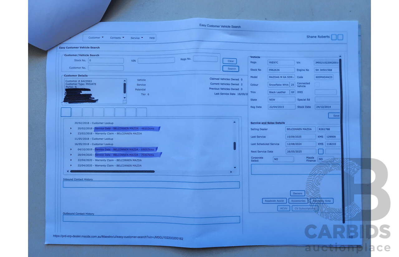 12/2014 Mazda Mazda6 Atenza 6C 4d Sedan White 2.2L