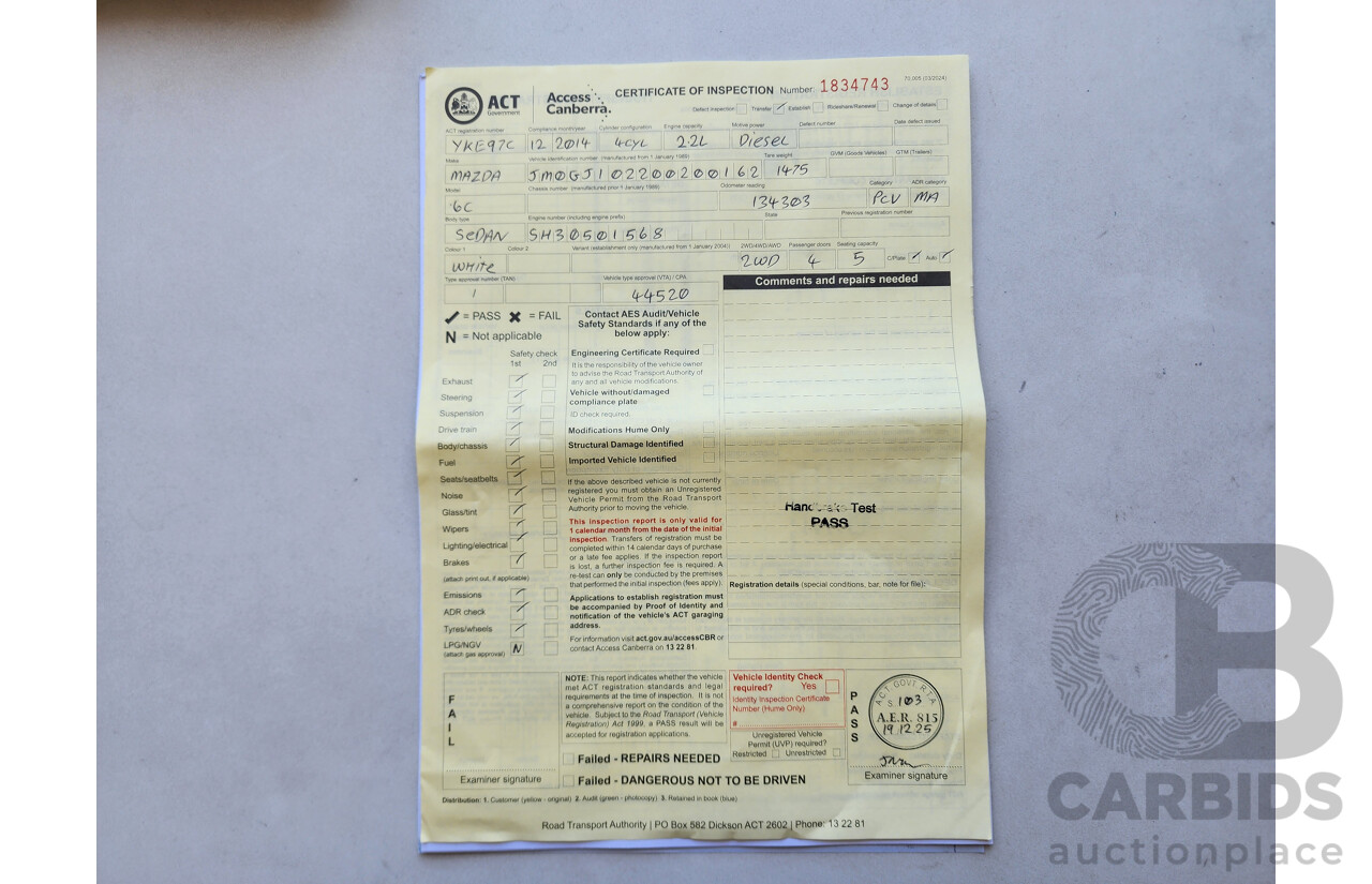 12/2014 Mazda Mazda6 Atenza 6C 4d Sedan White 2.2L