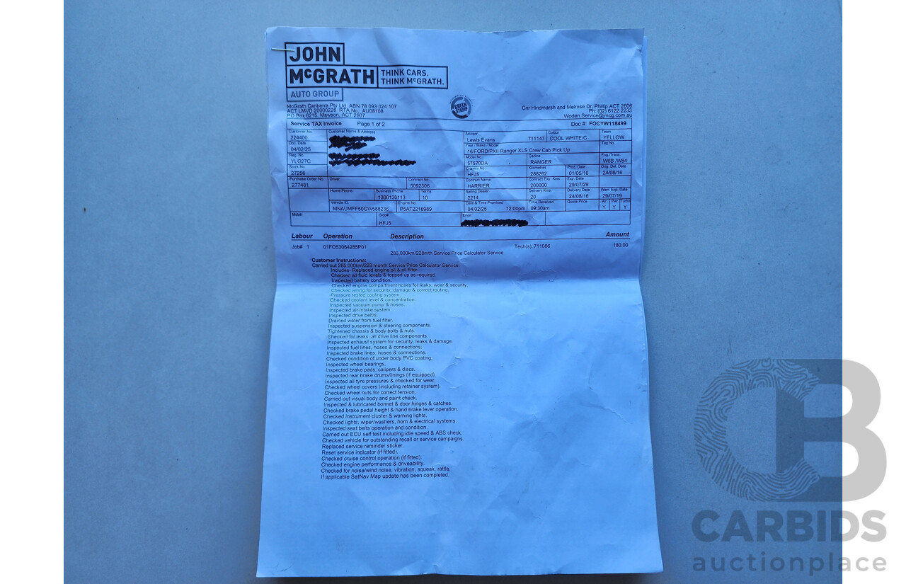 6/2016 Ford Ranger XLS 3.2 (4x4) PX MKII Dual Cab Utility White 3.2L