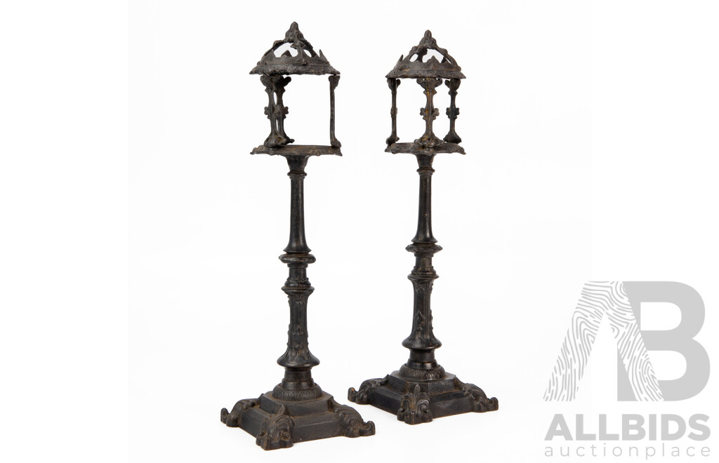 Pair of Ornate Pewter E G Zimmerman Candlesticks with Pierced Caps