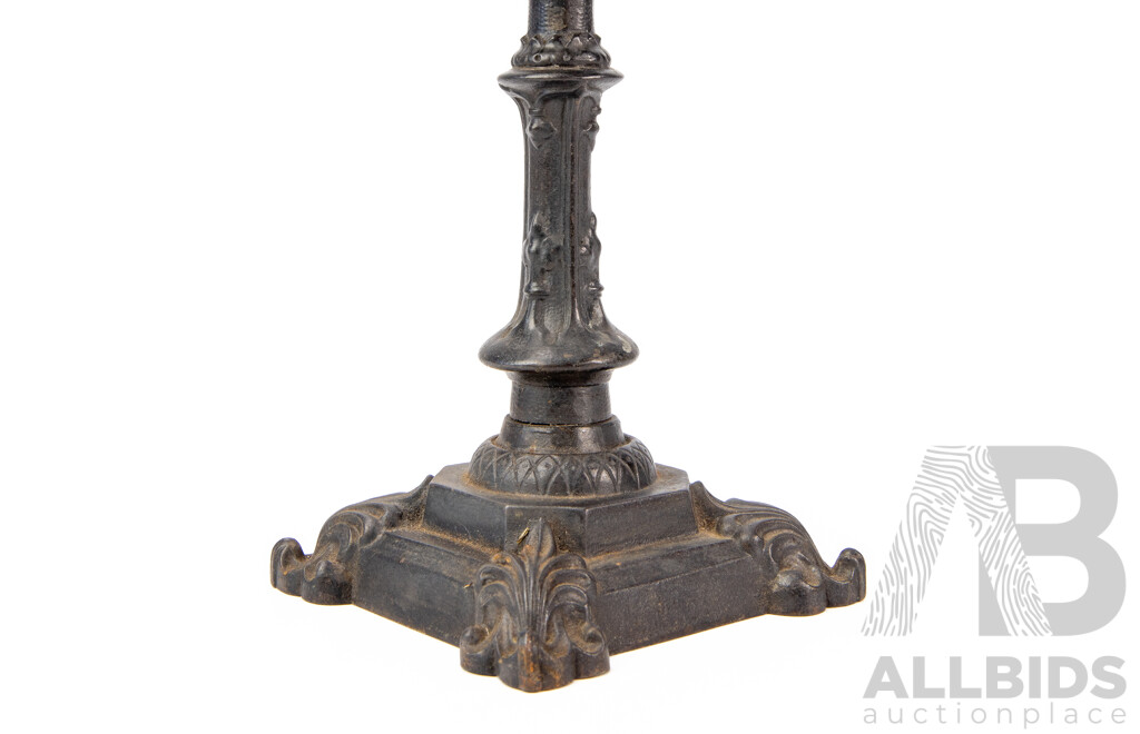 Pair of Ornate Pewter E G Zimmerman Candlesticks with Pierced Caps