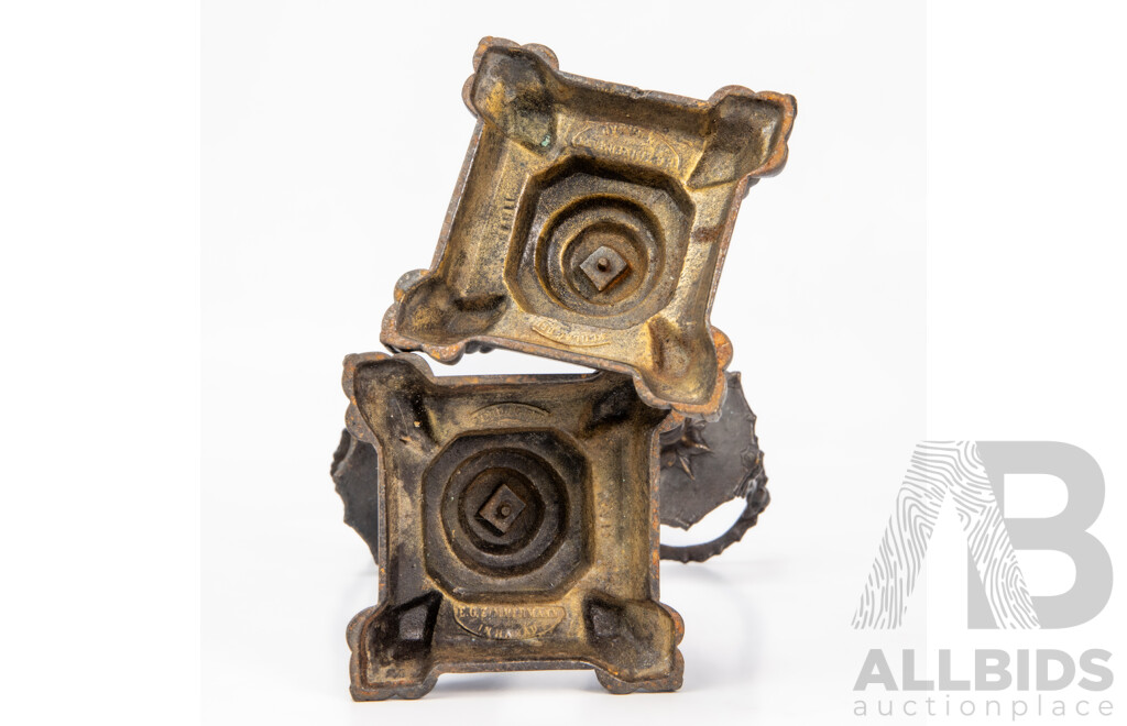 Pair of Ornate Pewter E G Zimmerman Candlesticks with Pierced Caps