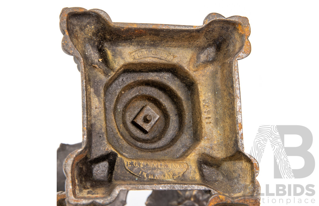 Pair of Ornate Pewter E G Zimmerman Candlesticks with Pierced Caps