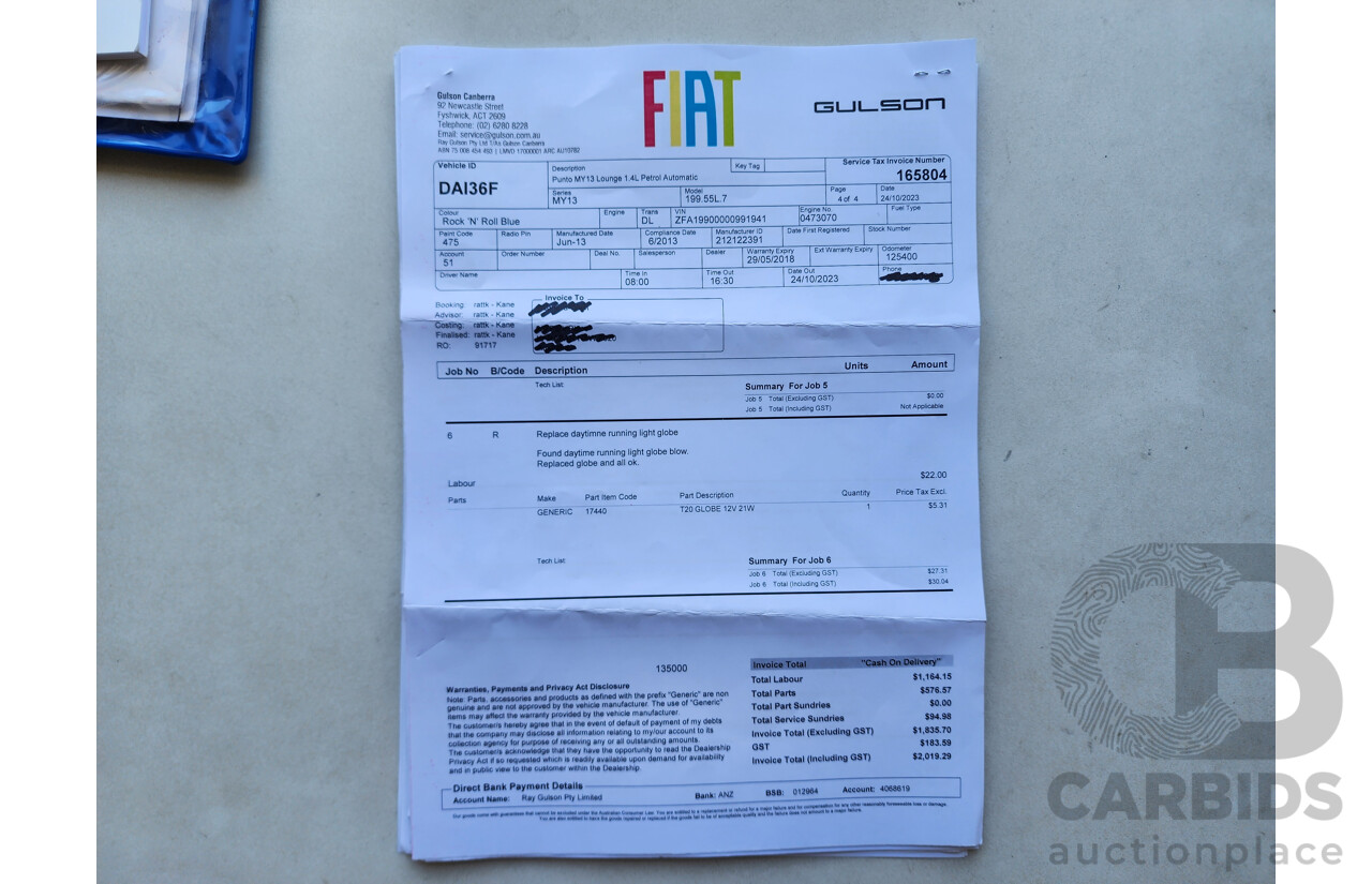 10/2013 Fiat Punto Lounge MY13 5d Hatchback Blue 1.4L