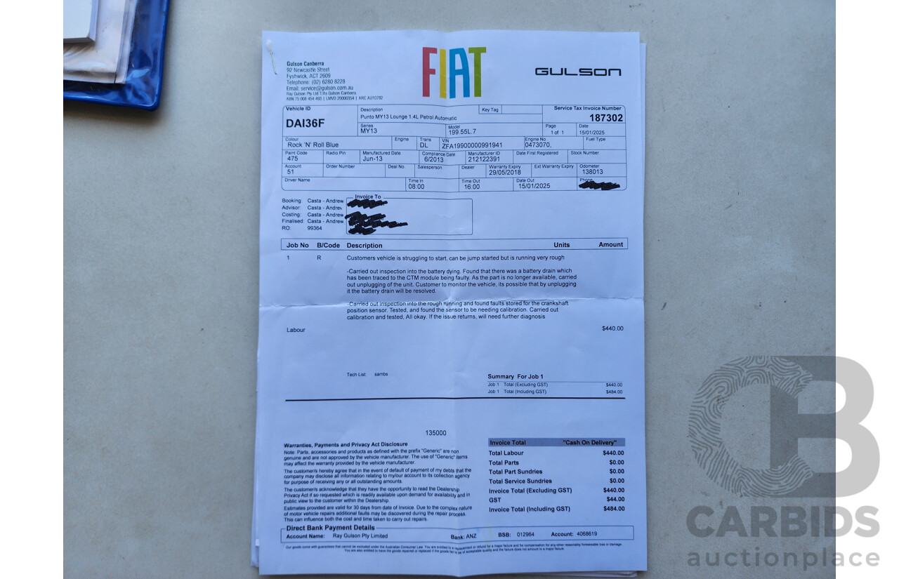 10/2013 Fiat Punto Lounge MY13 5d Hatchback Blue 1.4L