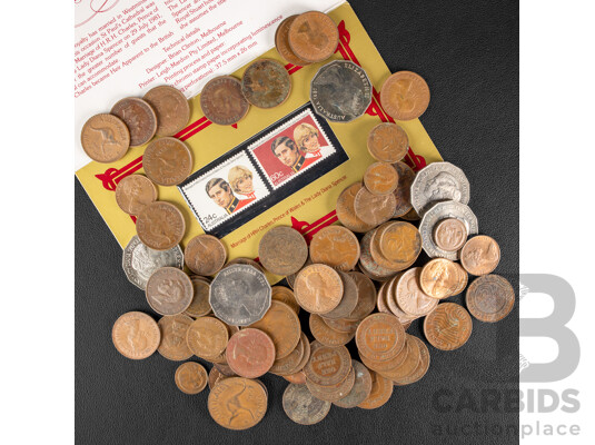 Collection of Australian Half Pennies Spanning 1914 to 1963, One and Two Cent Coins Spanning 1966 to 1980's, 1981 Charles and Diana Stamp Pack and Fifty Cent Coins, 1982 Commonwealth Games Fifty Cents