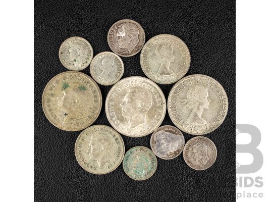 Collection of Australian Silver Predecimal Coins Including 1951(2) 1960 Florins, 1952, 1963 Shillings, 1921M, 1941, 1951(2), 1961 Threepence, USA 1952 Silver Dime