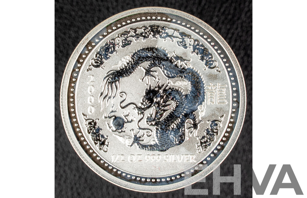 Australian Perth Mint 2000 Silver Fifty Cent Coin, Lunar Series I, Year of the Dragon .999