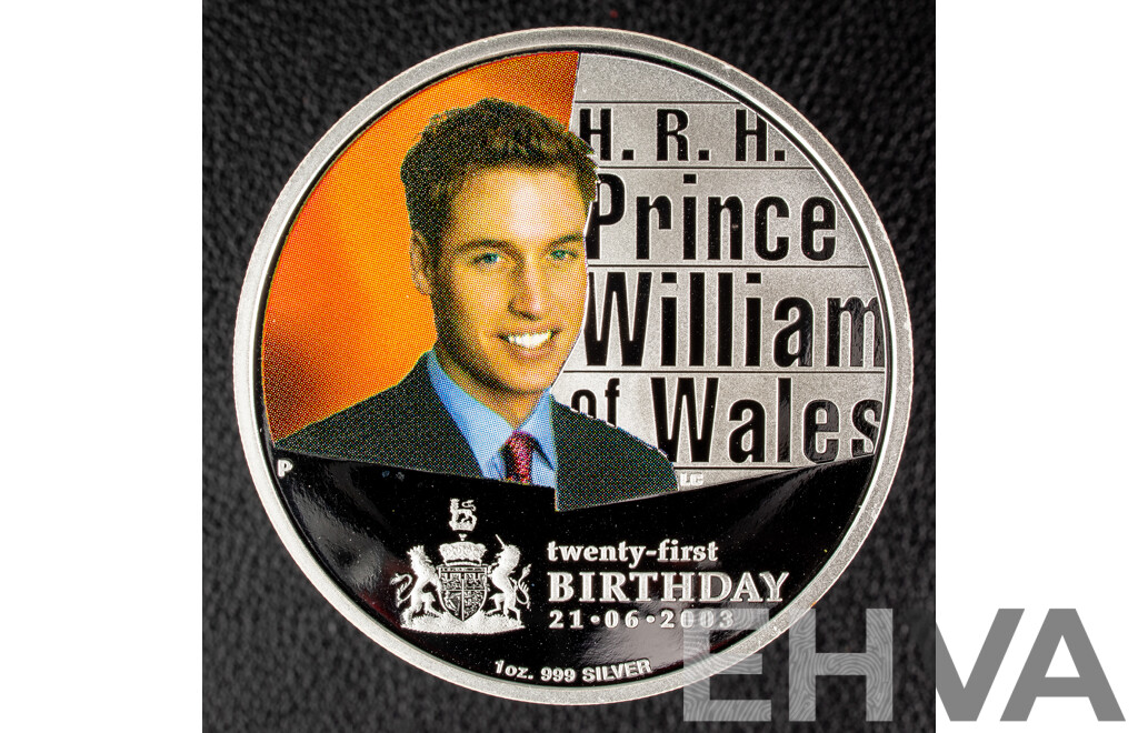 Australian Perth Mint 2003 Coloured Silver One Dollar Coin, H.R.H Prince William of Wales 21st Birthday .999