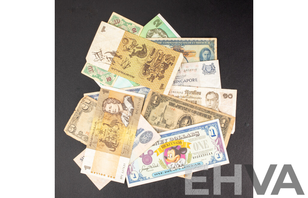 Collection of Vintage Banknotes Including Australian 1985 Two Dollars, Johnston/Fraser, 1981 One Dollars, Johnston/Stone, WW2 Japanese Occupation Notes and USA Milatary Payment Certificate...................