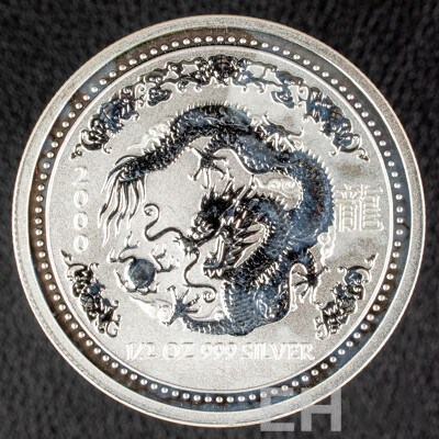 Australian Perth Mint 2000 Silver Fifty Cent Coin, Lunar Series I, Year of the Dragon .999