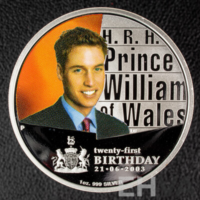 Australian Perth Mint 2003 Coloured Silver One Dollar Coin, H.R.H Prince William of Wales 21st Birthday .999