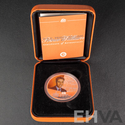 Australian Perth Mint 2003 Coloured Silver One Dollar Coin, H.R.H Prince William of Wales 21st Birthday .999
