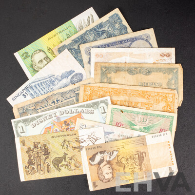 Collection of Vintage Banknotes Including Australian 1985 Two Dollars, Johnston/Fraser, 1981 One Dollars, Johnston/Stone, WW2 Japanese Occupation Notes and USA Milatary Payment Certificate...................