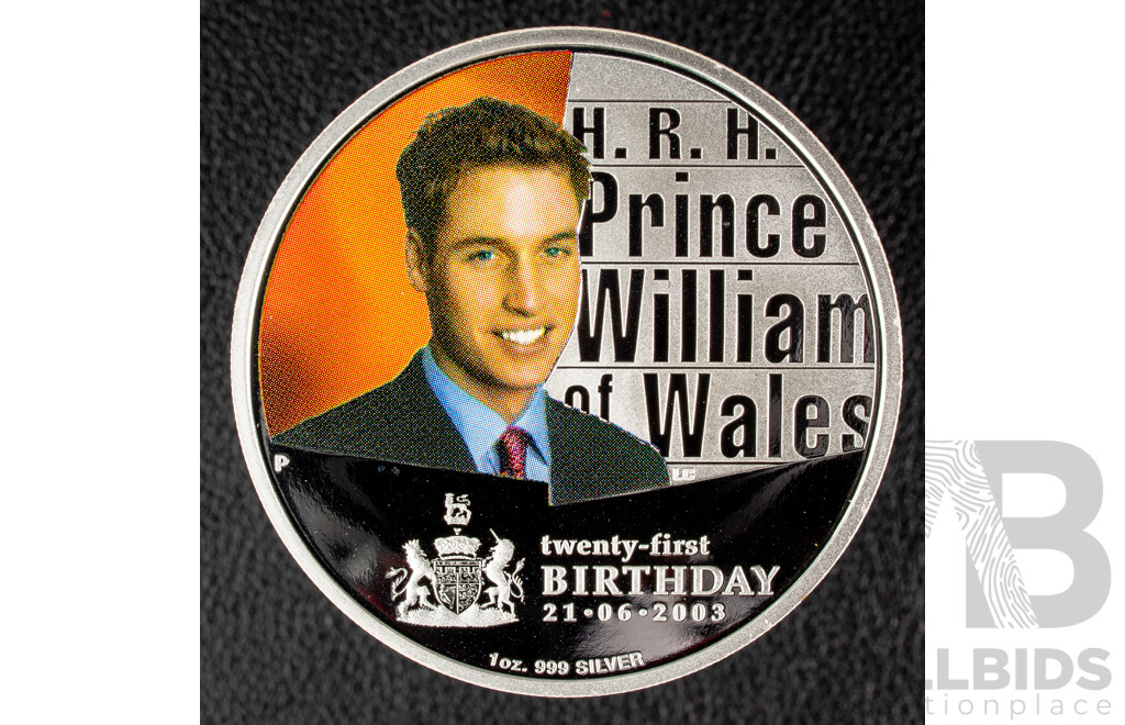 Australian Perth Mint 2003 Coloured Silver One Dollar Coin, H.R.H Prince William of Wales 21st Birthday .999