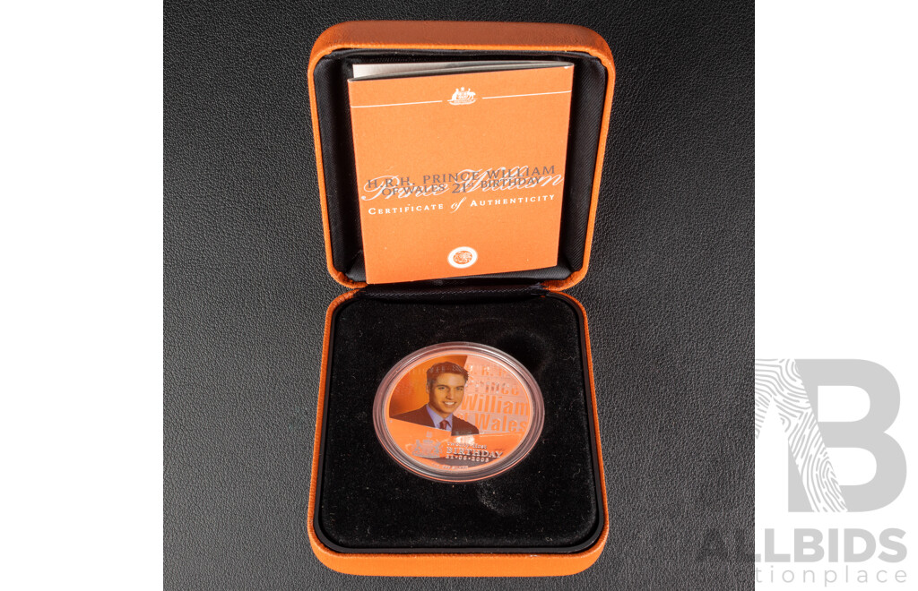 Australian Perth Mint 2003 Coloured Silver One Dollar Coin, H.R.H Prince William of Wales 21st Birthday .999