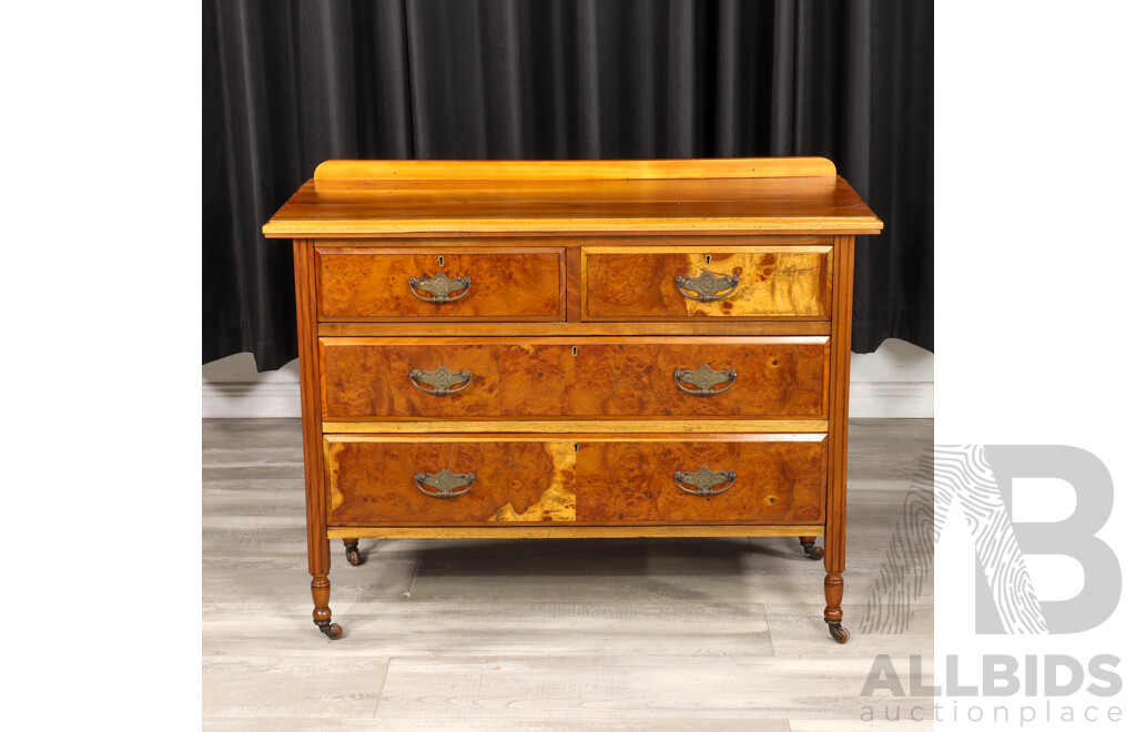 Edwardian Bur Walnut Elevated Chest of Four Drawers