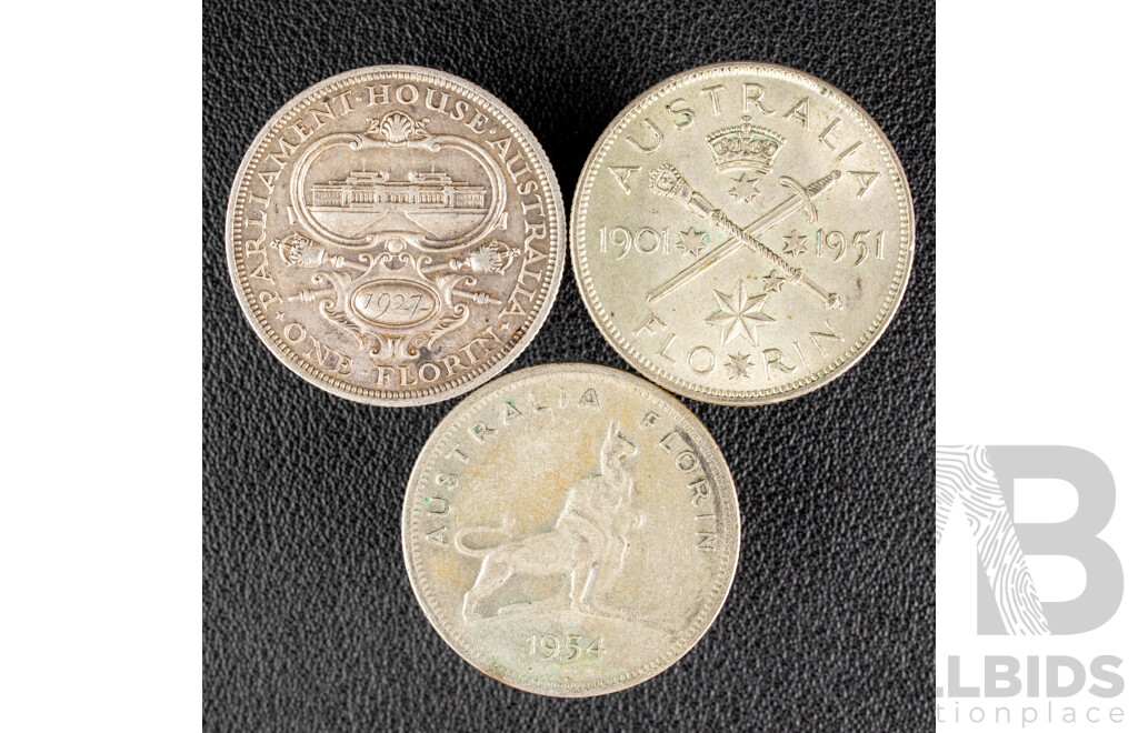 Three Australian Commemorative Silver Florins Including 1927 Canberra, 1951 Federation, 1954 Royal Visit