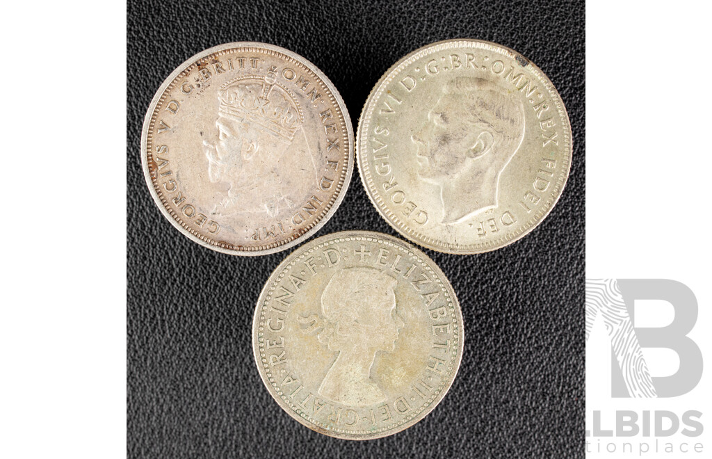 Three Australian Commemorative Silver Florins Including 1927 Canberra, 1951 Federation, 1954 Royal Visit