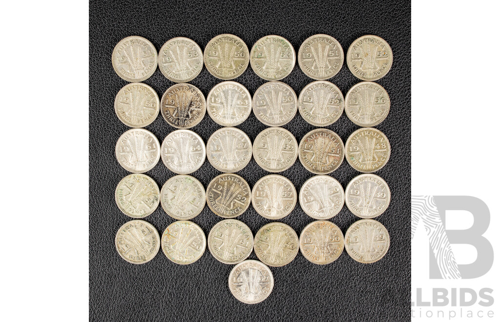 Collection of Australian Commemorative Silver Threepence, Consecutive Examples Spanning 1947 to 1953, Assorted to 1963  .500