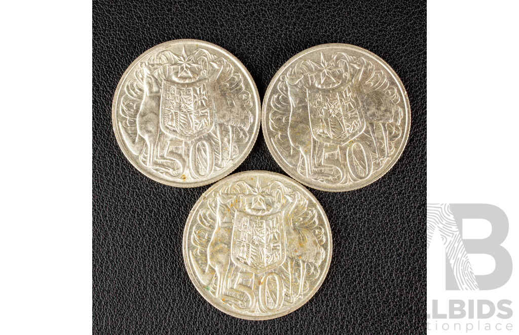 Three Australian 1966 Round Silver Fifty Cent Coins .800