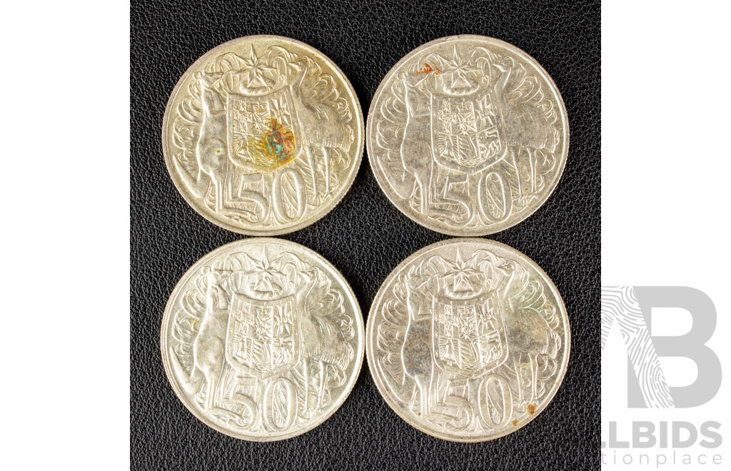 Four Australian 1966 Round Silver Fifty Cent Coins .800