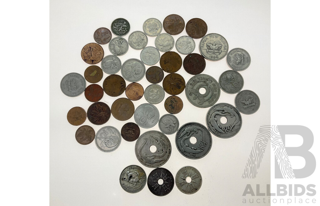 Collection of Vintage Papua New Guinea Coins Including 1936 and 1938 Silver Shillings and New Zealand 1935 Silver Shilling