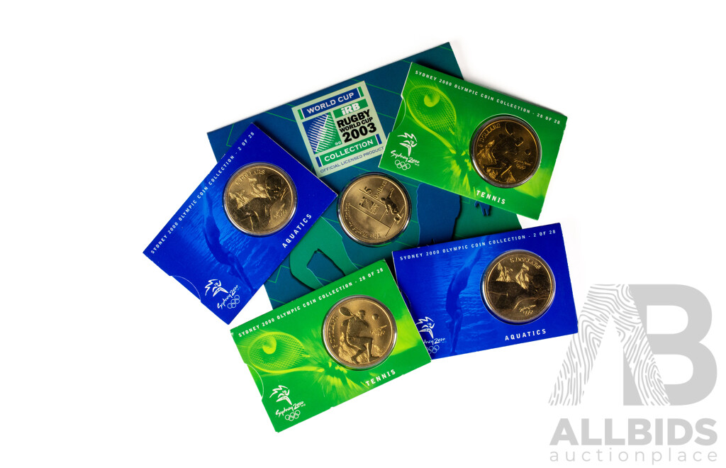 Five Australian RAM Commemorative Five Dollar Coins Including Four 2000 Sydney Olympics and 2003 Rugby World Cup