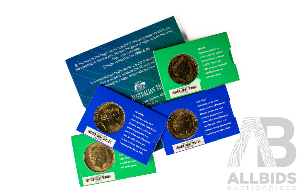 Five Australian RAM Commemorative Five Dollar Coins Including Four 2000 Sydney Olympics and 2003 Rugby World Cup