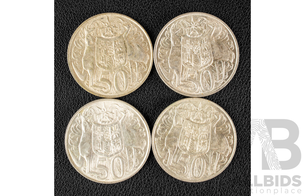 Four Australian 1966 Round Silver Fifty Cent Coins .800