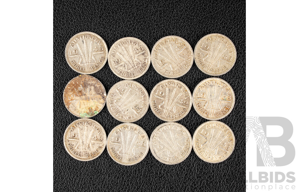 Twelve Australian KGVI Silver Threepence Including 1942(2) 1943(9) 1944  .925