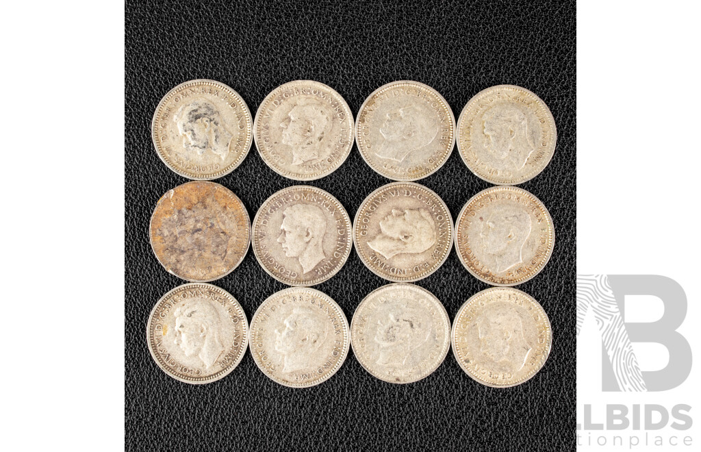 Twelve Australian KGVI Silver Threepence Including 1942(2) 1943(9) 1944  .925