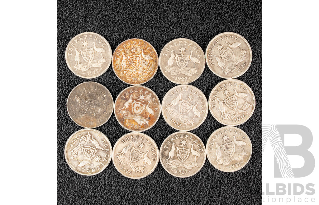 Twelve Australian KGV Silver Threepence Including 1917M(2) 1921(2), 1922(2) 1925(2) 1926, 1927, 1928, 1936 .925
