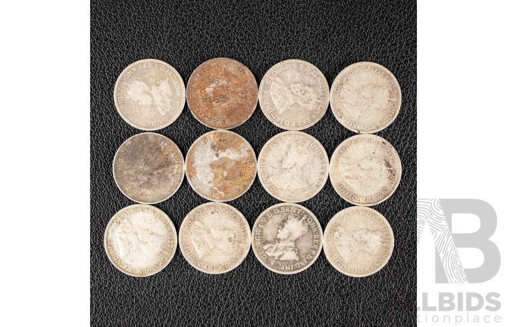 Twelve Australian KGV Silver Threepence Including 1917M(2) 1921(2), 1922(2) 1925(2) 1926, 1927, 1928, 1936 .925